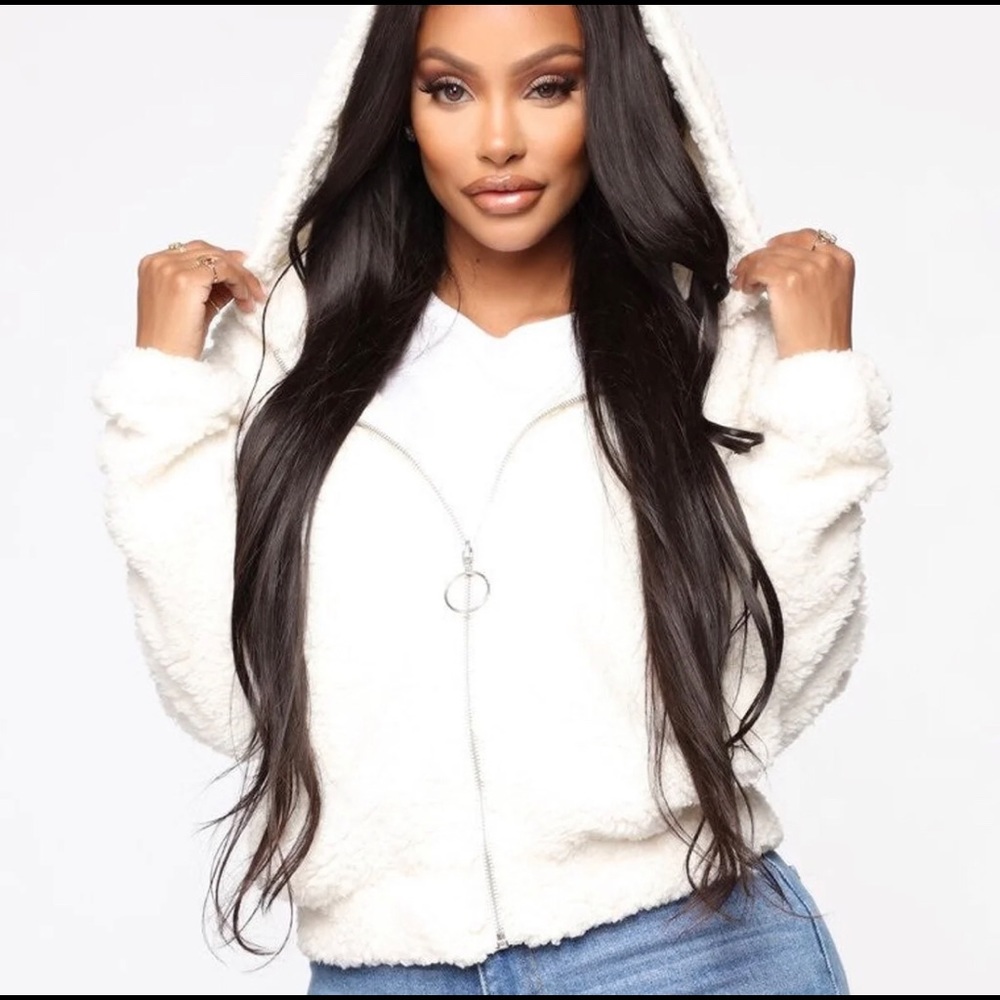 fashion nova white sherpa zip up  jacket